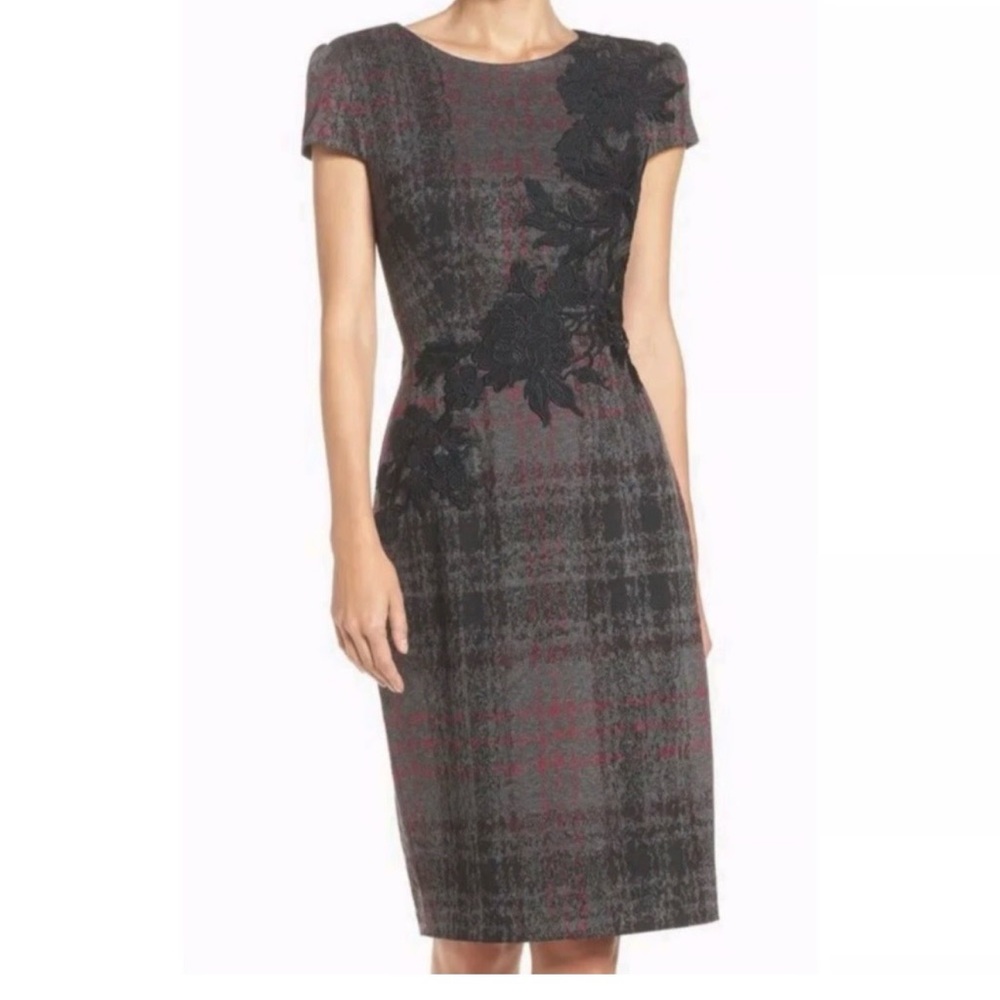 Betsey Johnson Women’s Red Gray Black Plaid 3D Floral Appliqué Pencil Dress Sz 6
